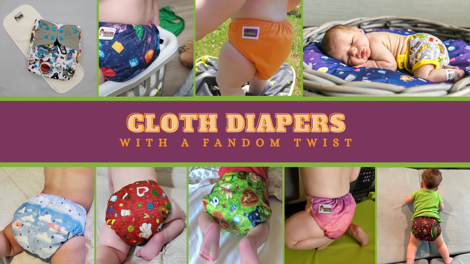 banner image of various cloth diapers with nerdy designs. It reads 