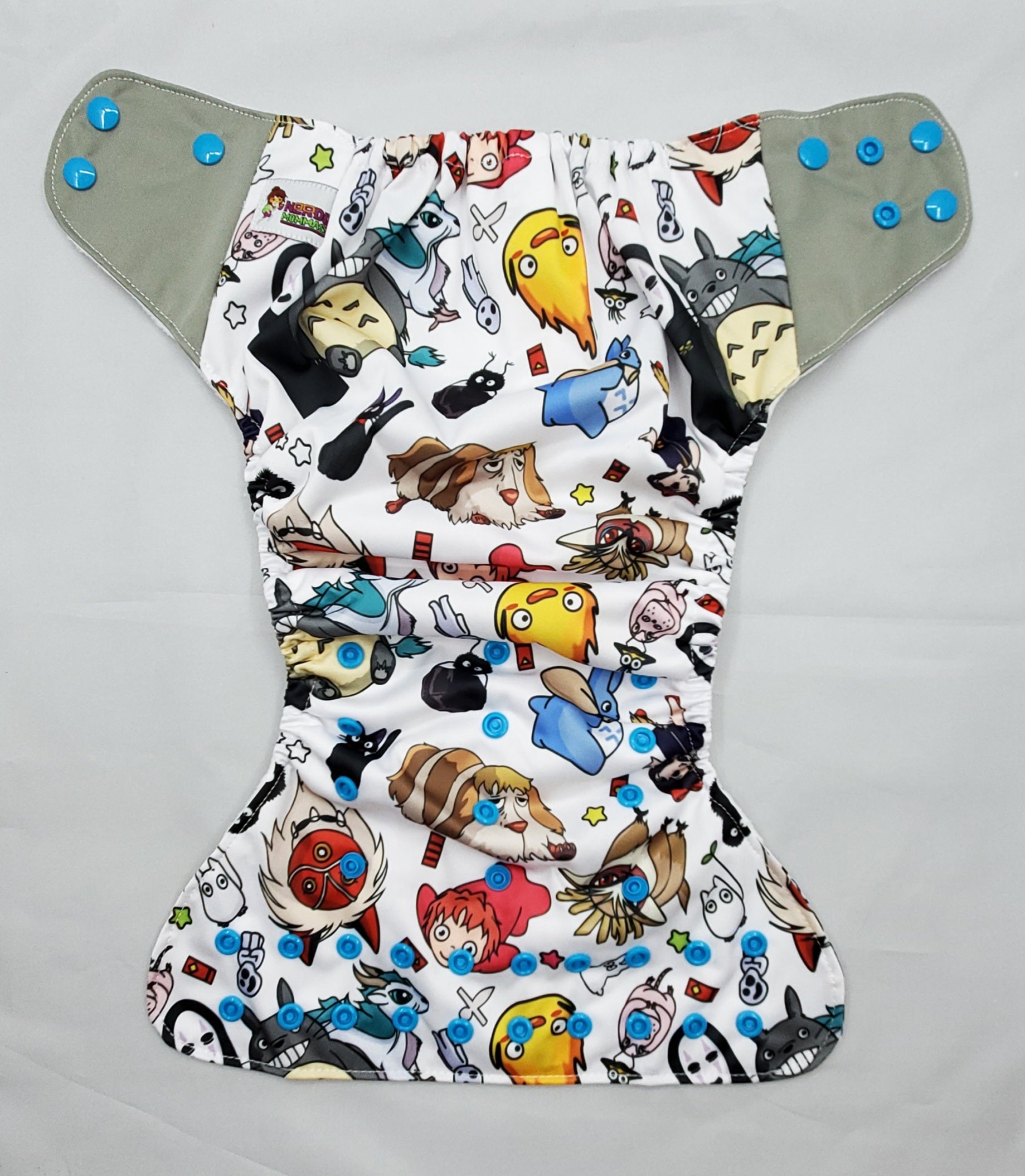 cloth diaper with extended size range of 20-60+lbs.  A modern cloth diaper with a fandom-inspired design inpired by beloved ghibli characters
