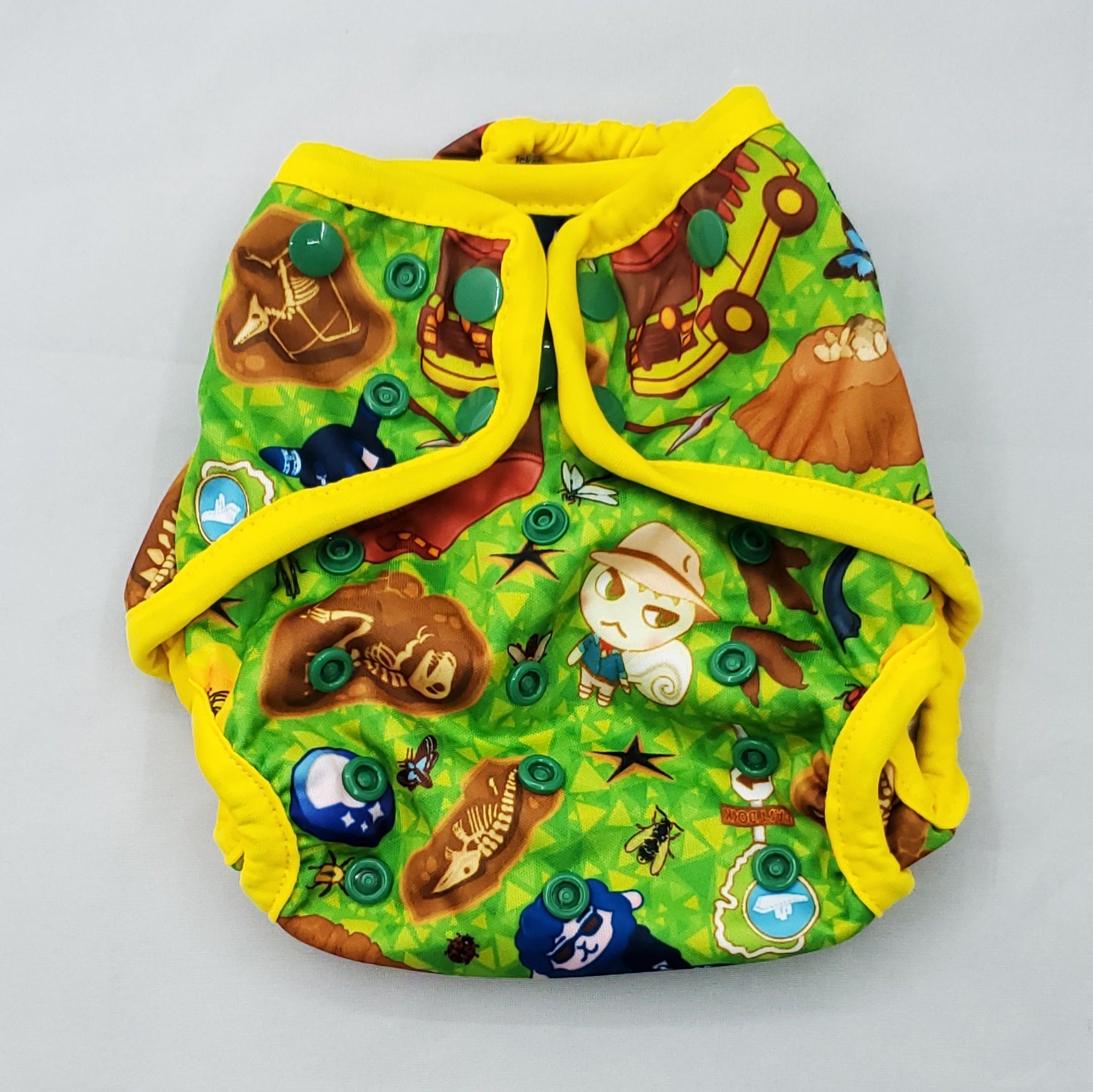 waterproof diaper cover. A modern cloth diaper with a fandom-inspired design. Vibrant and detailed, it showcases fanart inspired by animal crossing and jurassic park