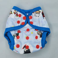newborn cloth diaper cover featuring artwork inspired by popular anime. features baby versions of popular anime characters