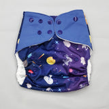 cloth diaper with extended size range of 20-60+lbs.  A modern cloth diaper with a fandom-inspired design inpired by star wars and space