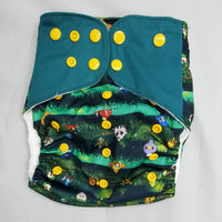 cloth diaper with extended size range of 20-60+lbs.  A modern cloth diaper with a fandom-inspired design inpired by pokemon