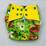 A modern cloth diaper with a fandom-inspired design. Vibrant and detailed, it showcases artwork inspired by Animal Crossing and Jurassic park