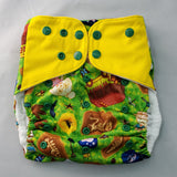 cloth diaper with extended size range of 20-60+lbs.  A modern cloth diaper with a fandom-inspired design inpired by animal crossing and jurassic park