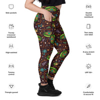 Side view of cross over waistband leggings with pockets. featuring fandom desing inspired by the hobbit and the lord of the rings