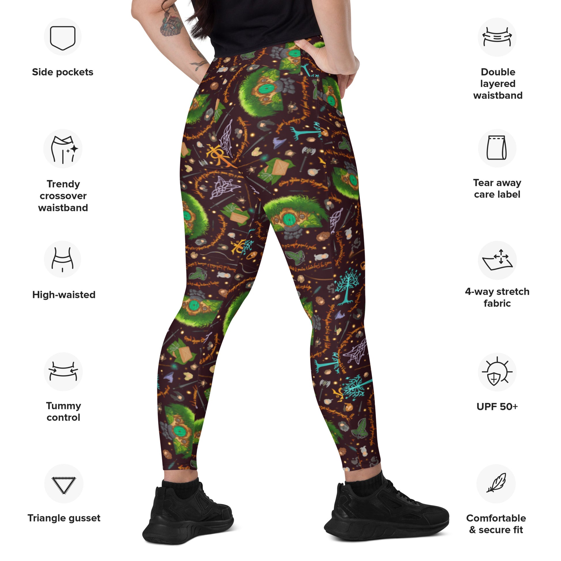 Back view of cross over waistband leggings with pockets. featuring fandom desing inspired by the hobbit and the lord of the rings