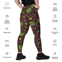 Back view of cross over waistband leggings with pockets. featuring fandom desing inspired by the hobbit and the lord of the rings